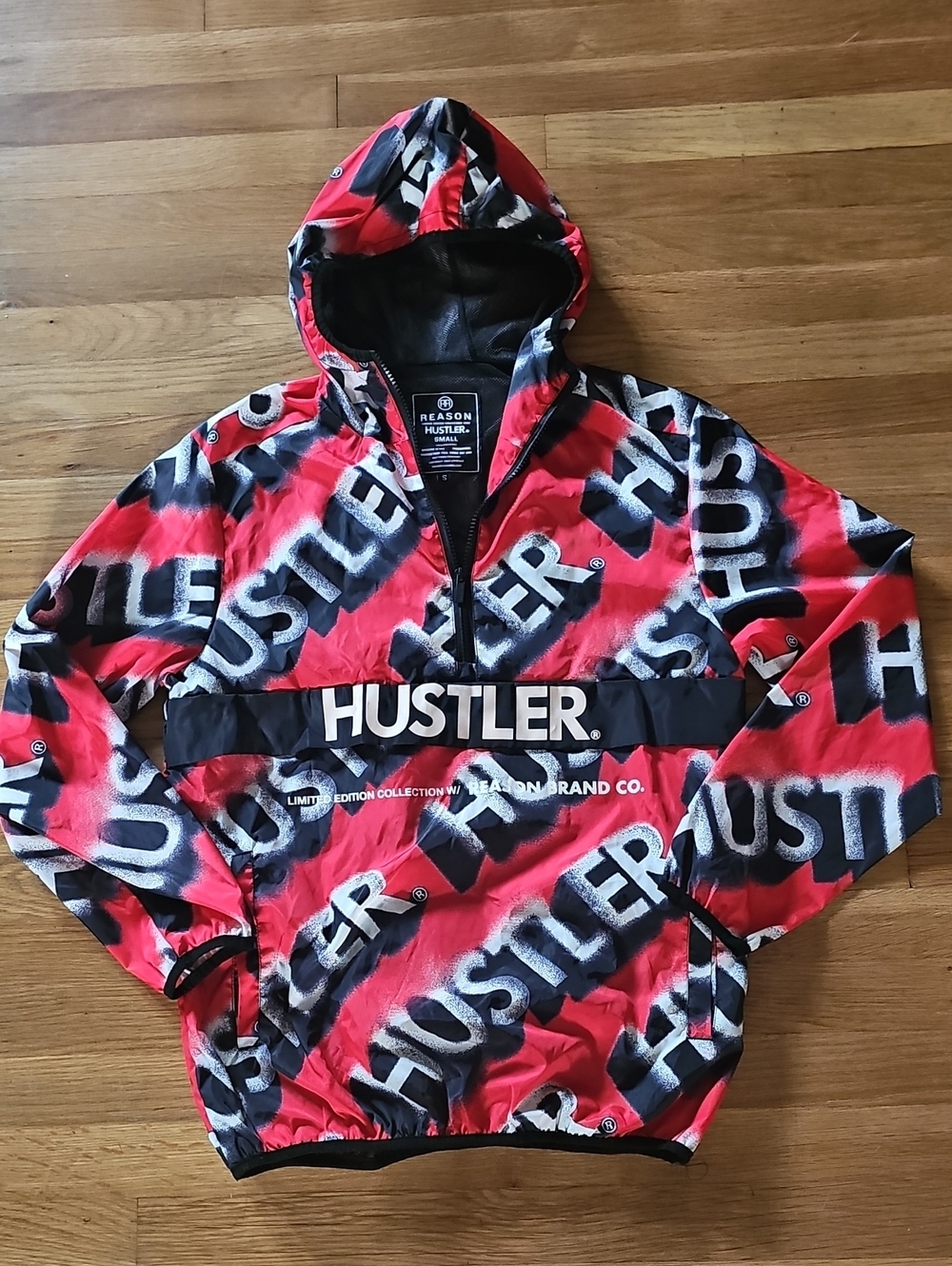 Reason x Hustler Pullover Graphic Hooded Windbreaker Anorak Jacket Mens Small